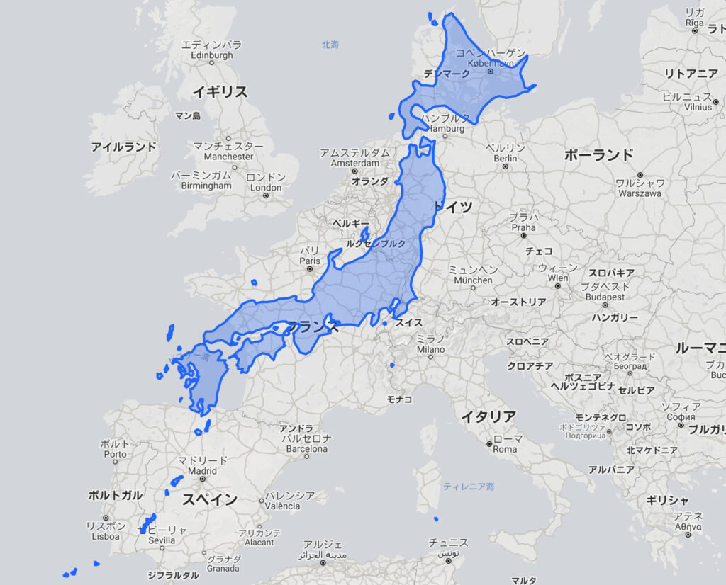 日本　ヨーロッパ　サイズ　比較　地図